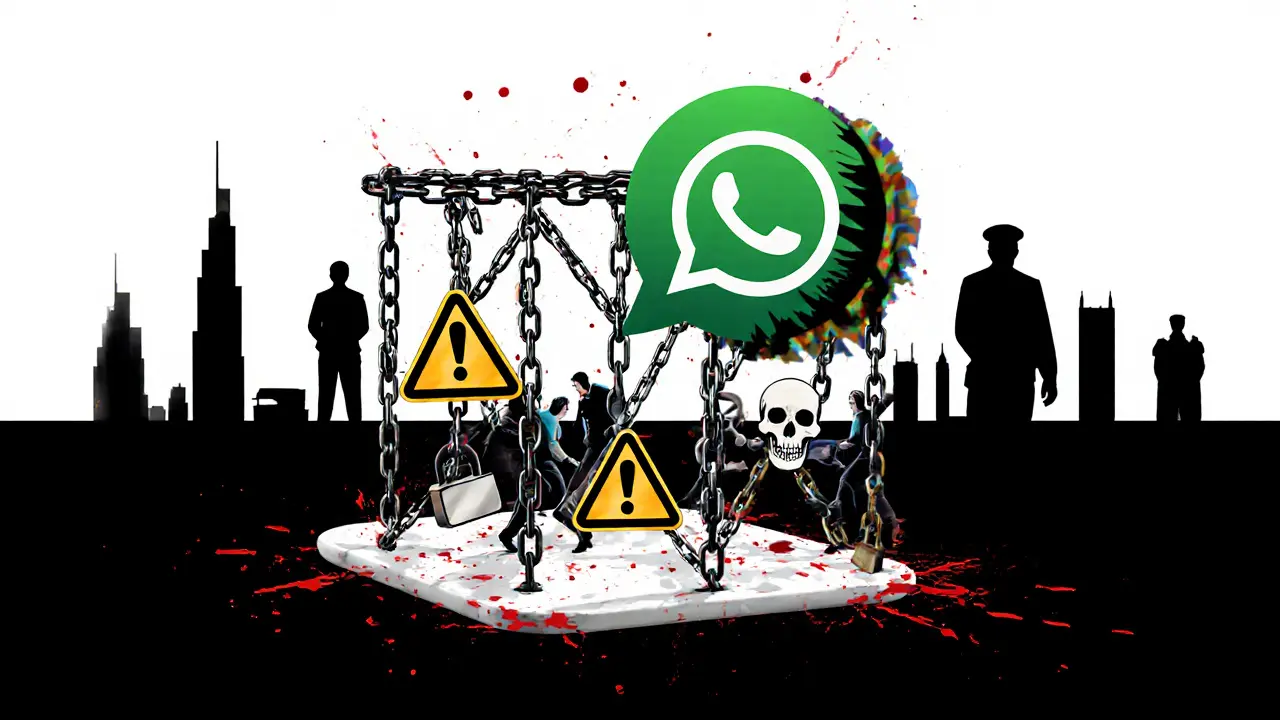 A WhatsApp chat bubble transforming into a cage with warning symbols, silhouettes of police in the background.