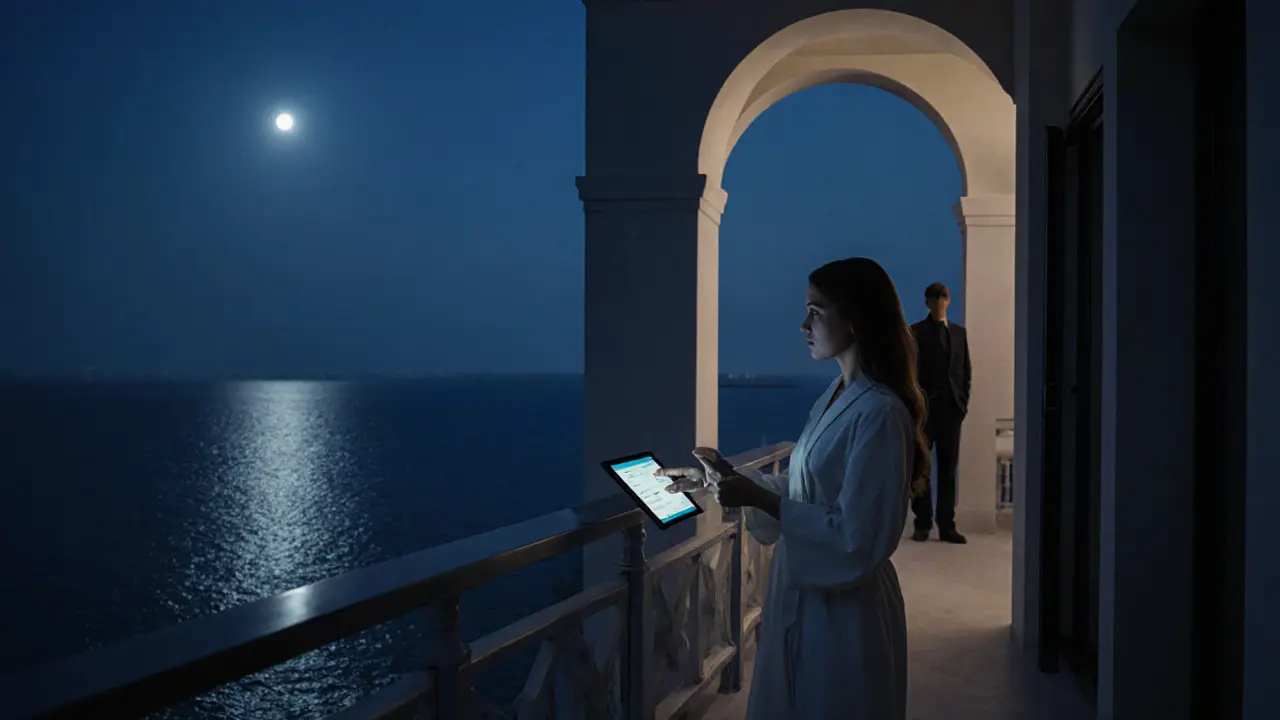 A woman on a private villa terrace in Dubai at dusk, moonlight glinting on the sea, emphasizing discretion and solitude.
