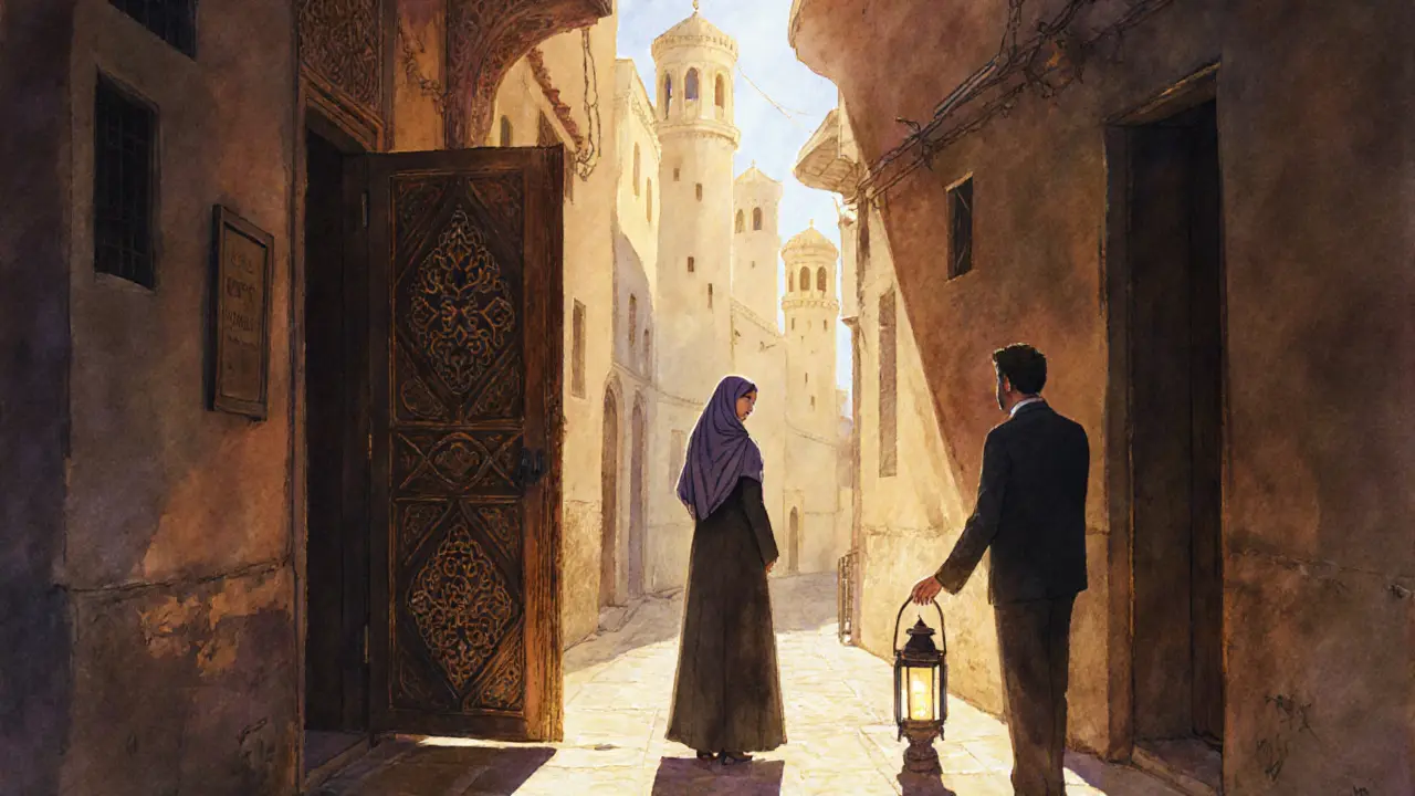 A woman pauses in a shadowed Dubai alley under wind towers, waiting as golden light falls on a wooden door.
