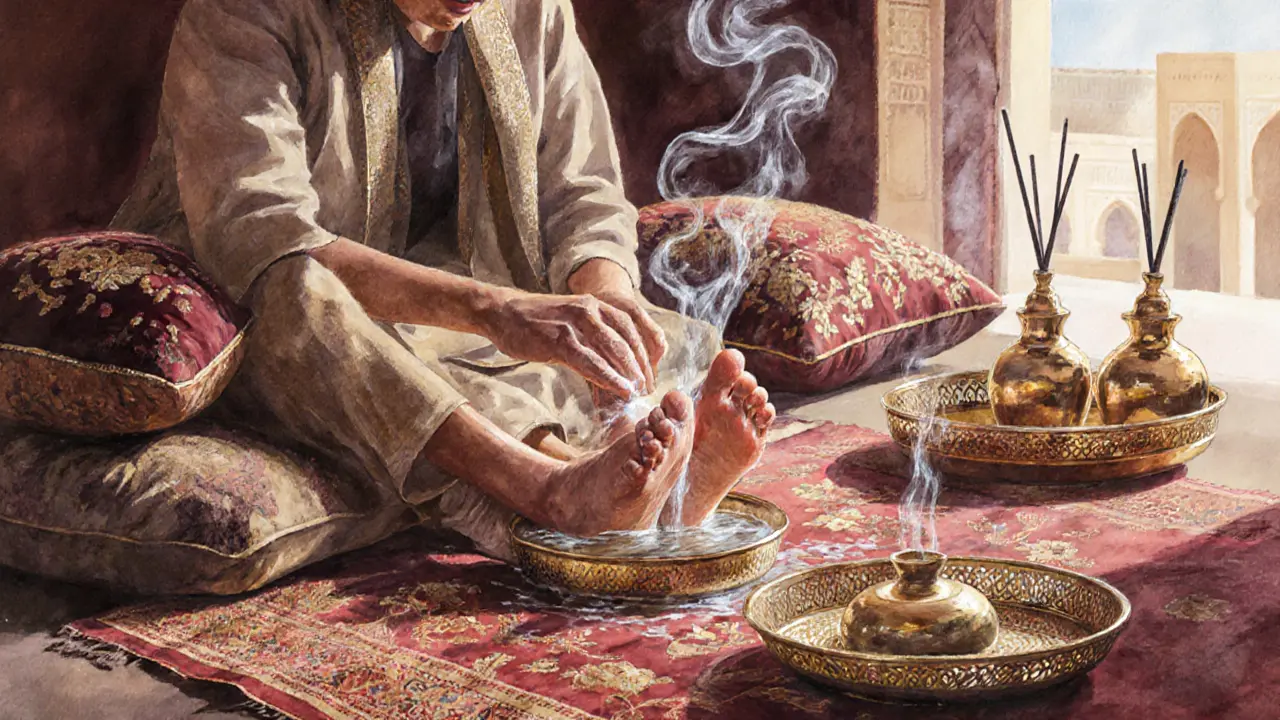An Arabian Oud massage with herbal foot soak, brass diffusers, and warm golden tones.