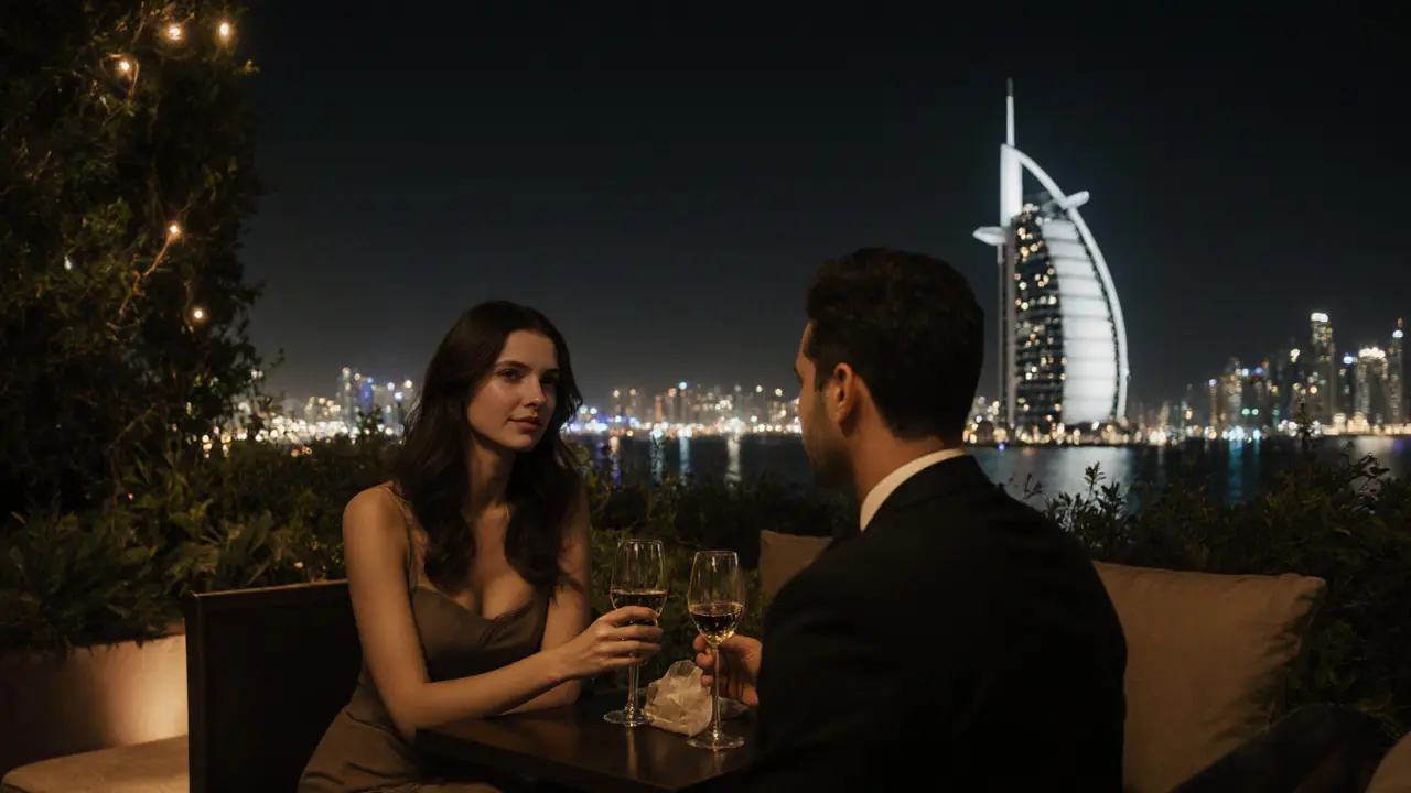 An elegant companion and guest converse at a secluded rooftop bar in Dubai, city lights glowing softly in the background.