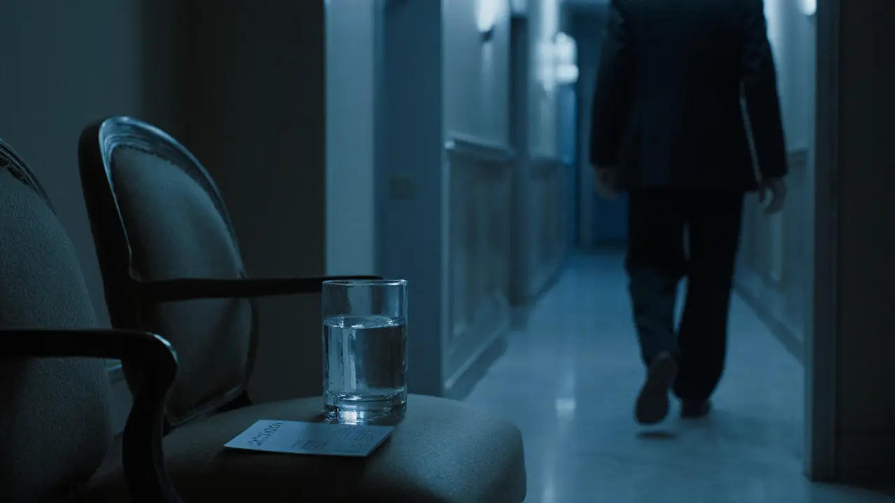 An empty chair in a hotel lobby with a glass of water and a business card, shadows stretching down a dim corridor at night.
