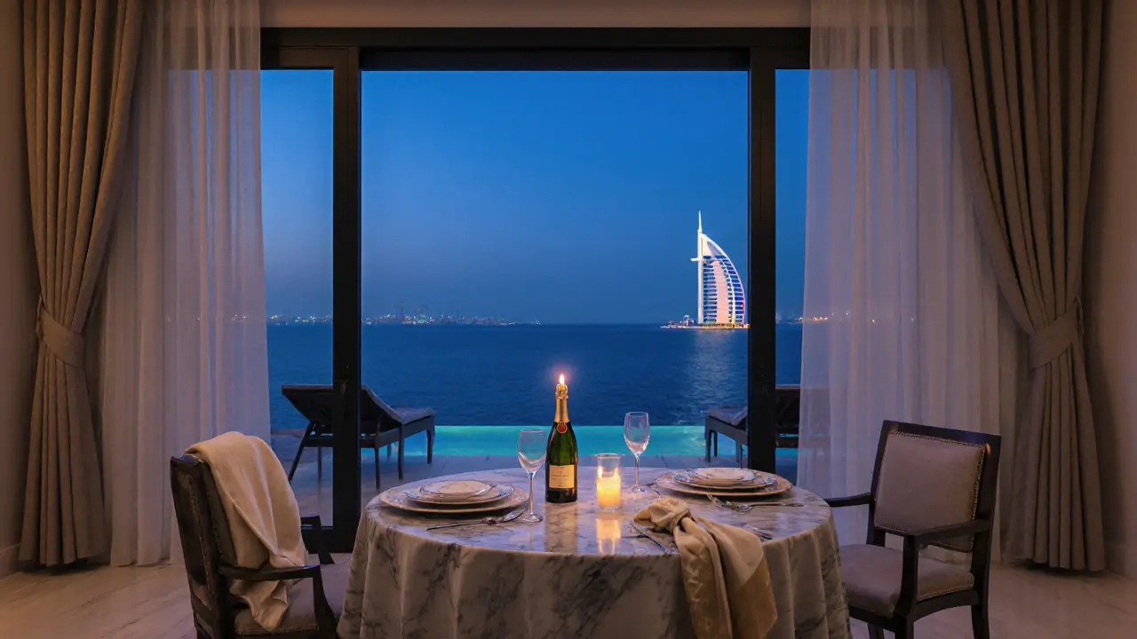 An empty luxury villa table set for two with champagne and candlelight at twilight.