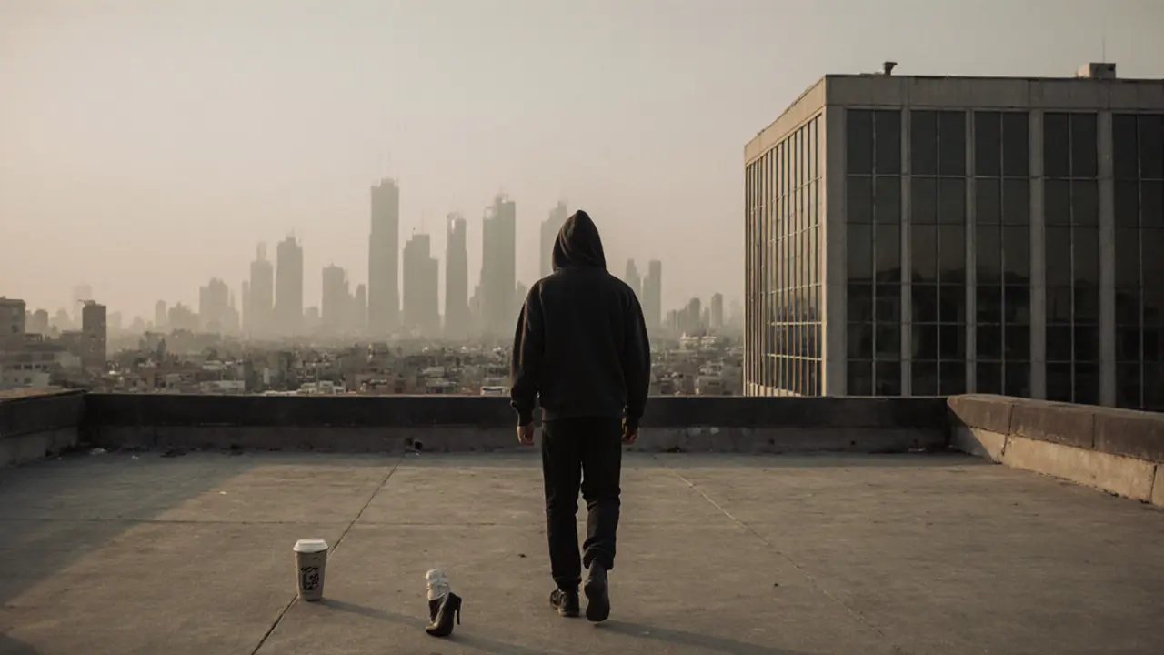 An empty rooftop at dawn in Al Quoz, a hoodie-clad figure walks away, leaving behind a shoe and coffee cup.