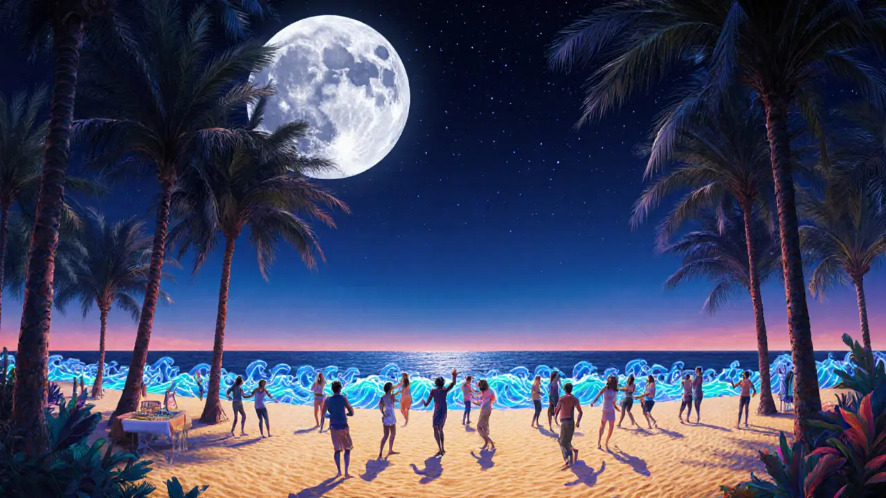 Beach club at midnight with holographic ocean waves and guests dancing under starry skies in Dubai.
