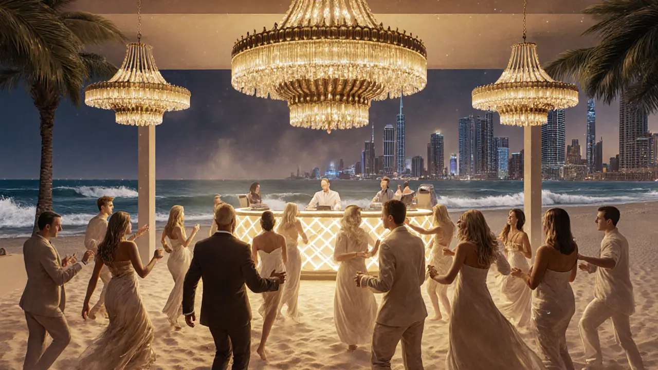 Beach club at night with golden chandeliers, dancers on sand, waves behind, all bathed in warm golden light.