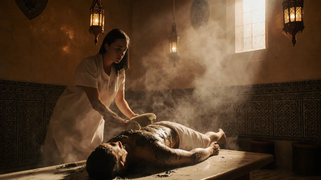 Client receiving an authentic Arabic hammam scrub in a steamy, tiled ritual space with copper lanterns and marble.