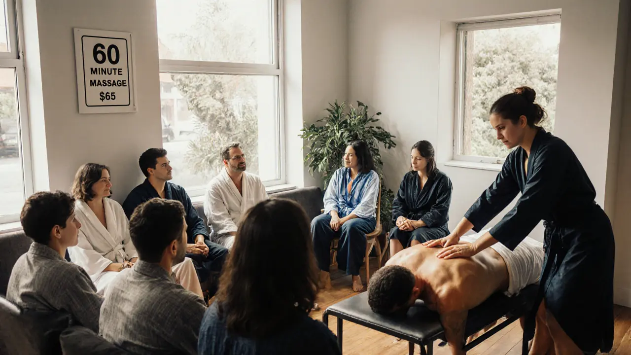 Clients waiting in a cozy wellness center while a therapist performs a Thai massage on a fully clothed client.