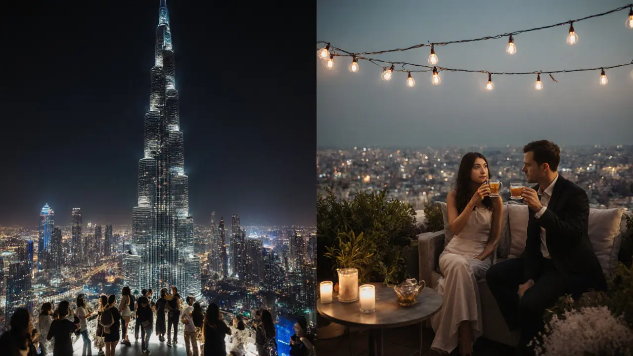 Contrasting Dubai: crowded Burj Khalifa view vs. a peaceful rooftop tea moment with an escort under fairy lights.