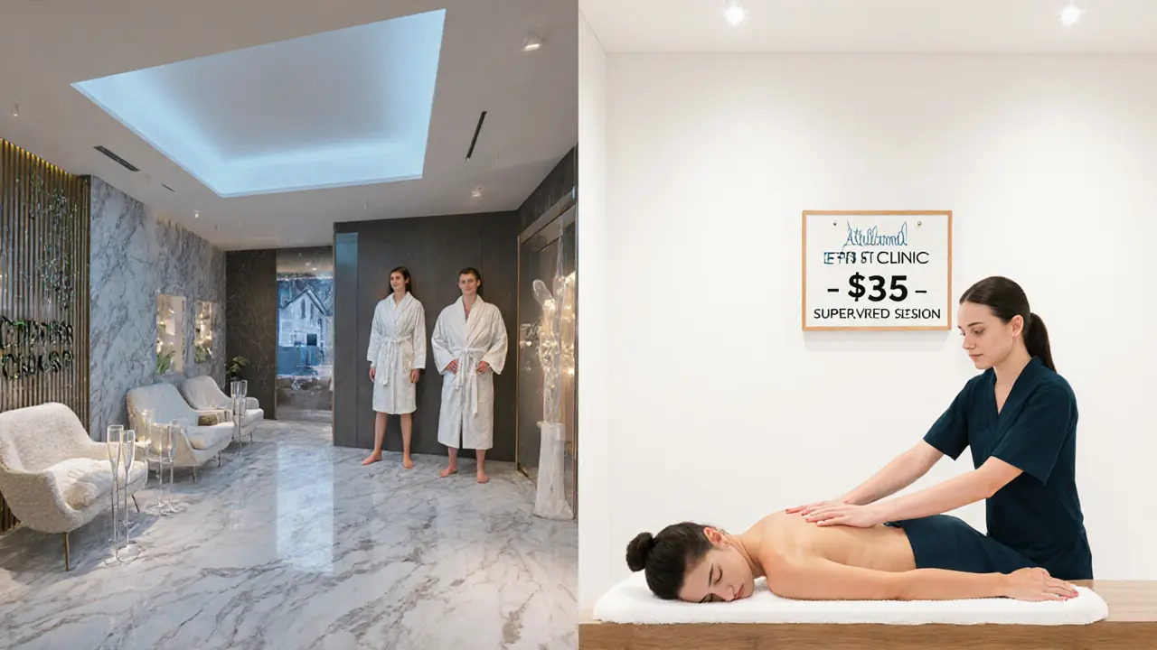 Contrasting scene: luxury spa on one side, affordable student clinic on the other, both offering body massage.