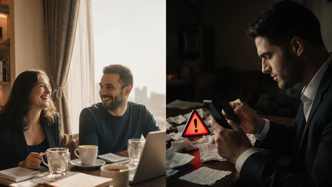 Contrasting scenes: a man and woman having coffee in a bright Dubai café versus a man alone in a dark room with a phone.