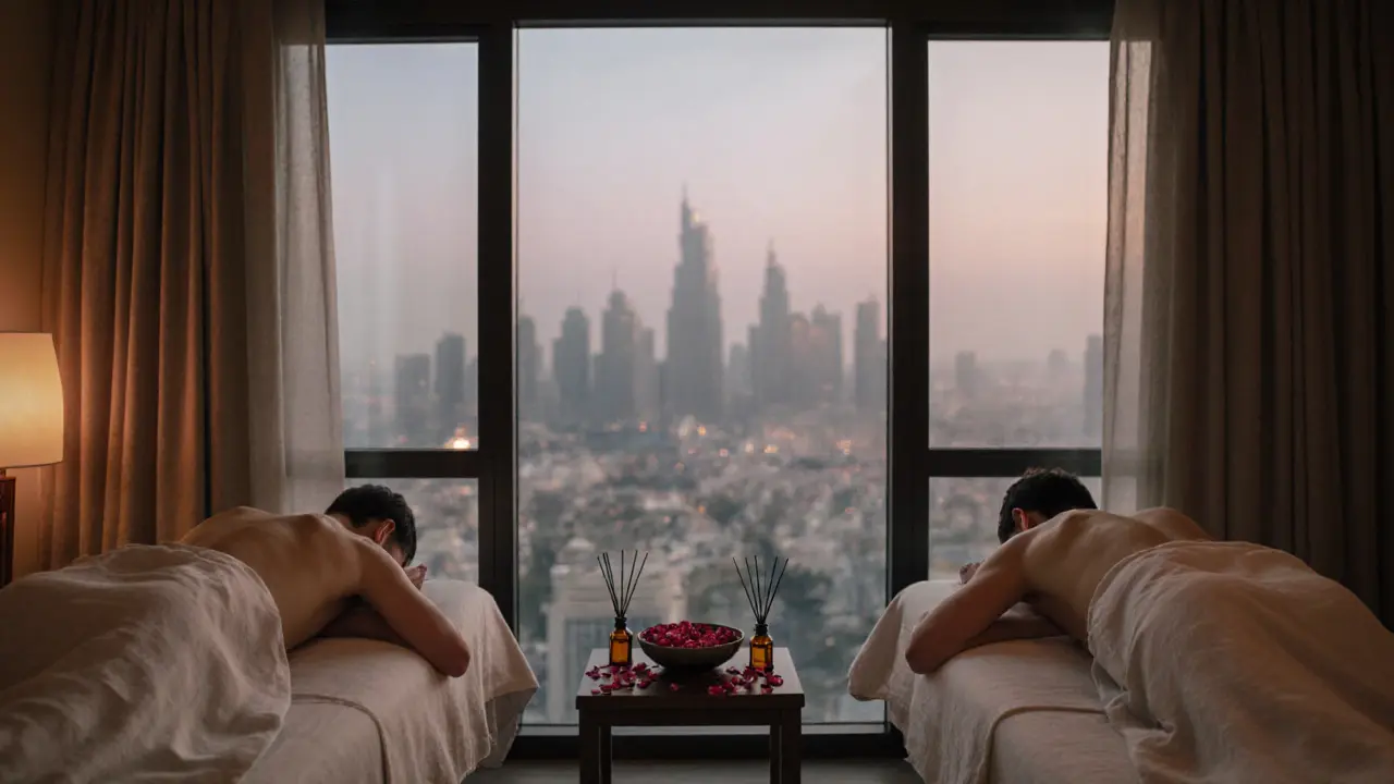 Couple relaxing together in a private spa suite with heated tables, rose petals, and a view of Dubai&#039;s skyline at dusk.