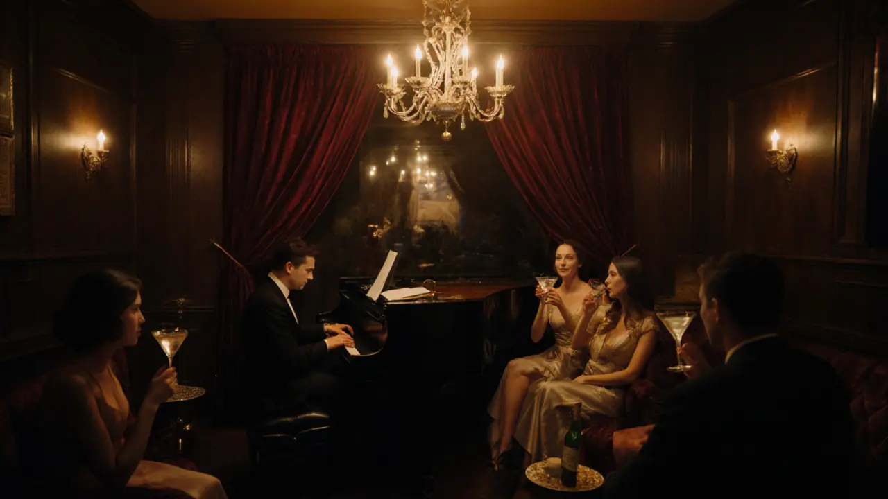 Cozy speakeasy lounge with velvet curtains, soft lighting, and elegantly dressed people enjoying jazz cocktails.