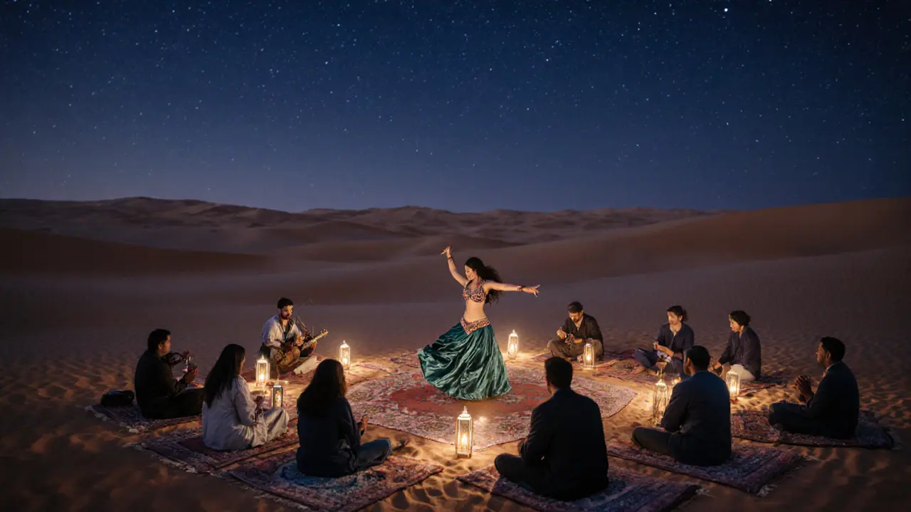 Desert camp under starry sky with belly dancer, lanterns, and oud musician during an authentic Emirati night.