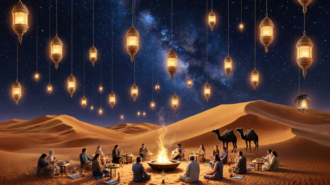 Desert night event with lantern-lit dunes, guests enjoying food under a star-filled sky.