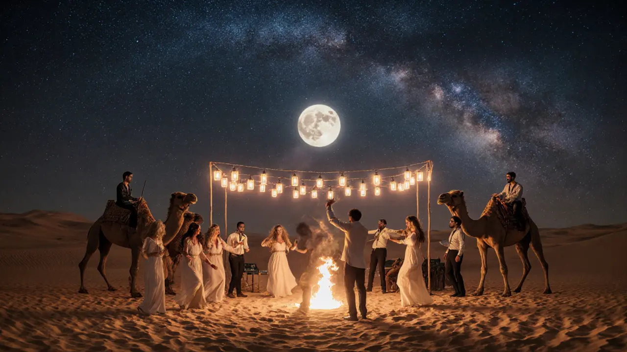 Desert party under moonlight with fire dancers, camels, and lanterns, guests dancing among sand dunes.