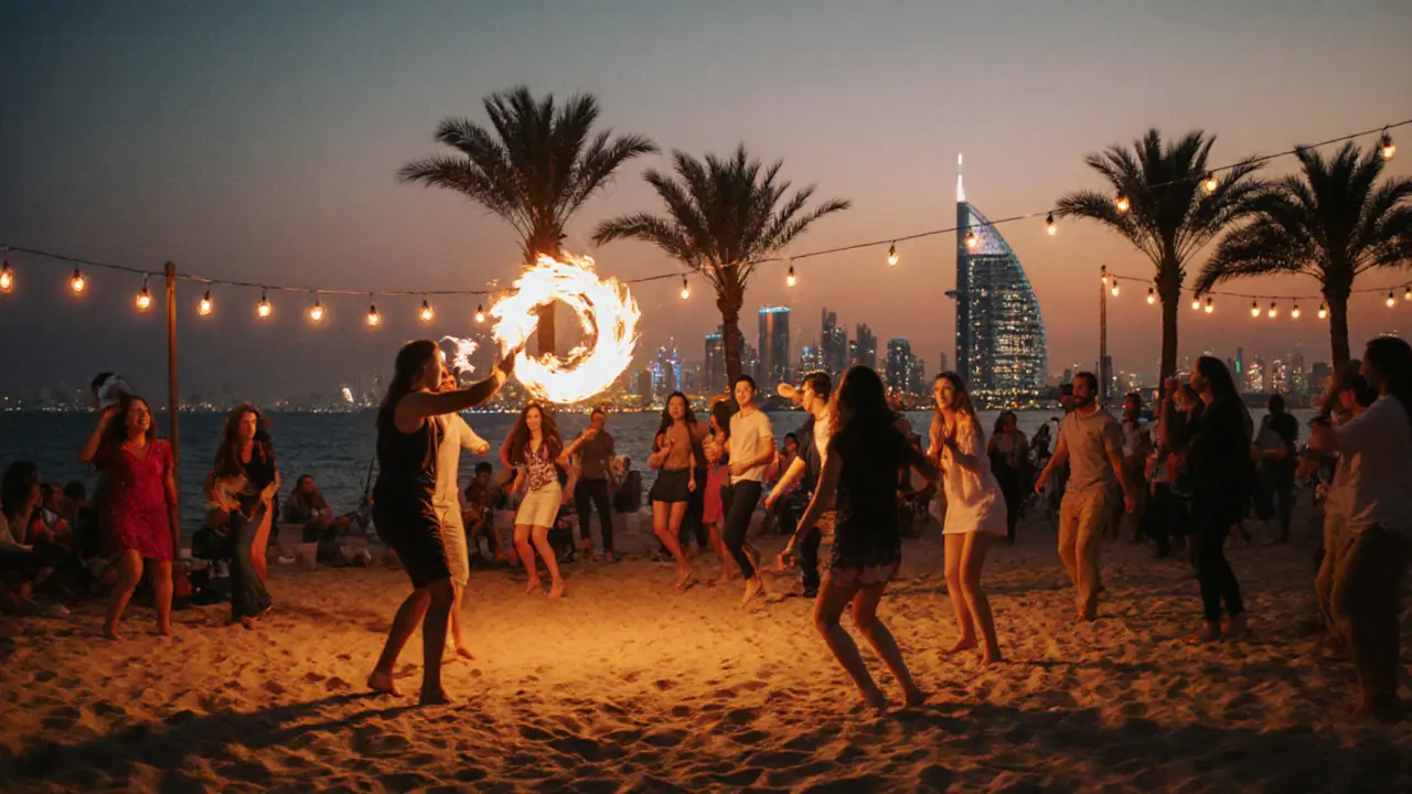 Fire dancers performing on a beach at night with crowds dancing under string lights and ocean waves in the background.