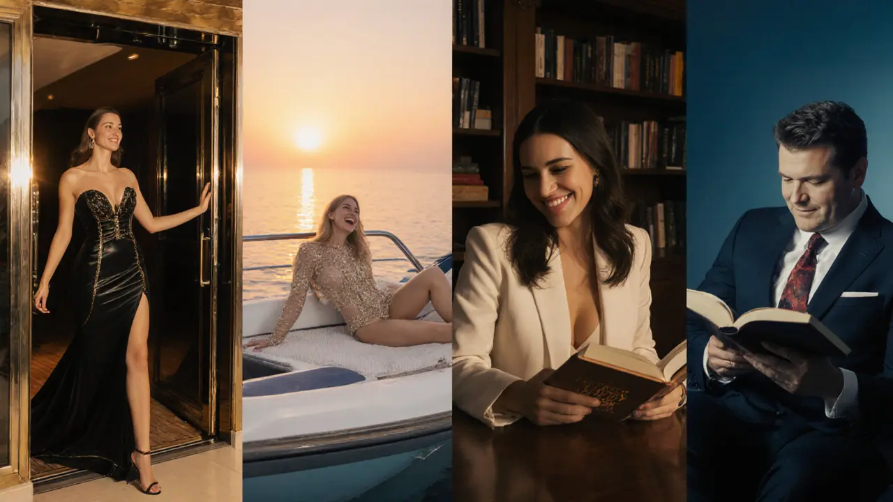 Four distinct Euro escort profiles in Dubai: at a gala, on a yacht, at a party, and reading in a library.