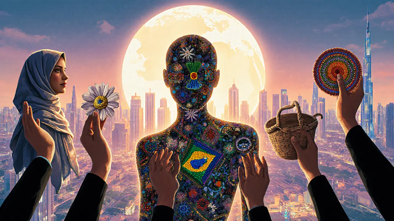 Global hands forming a model silhouette against Dubai skyline, symbolizing cultural unity.