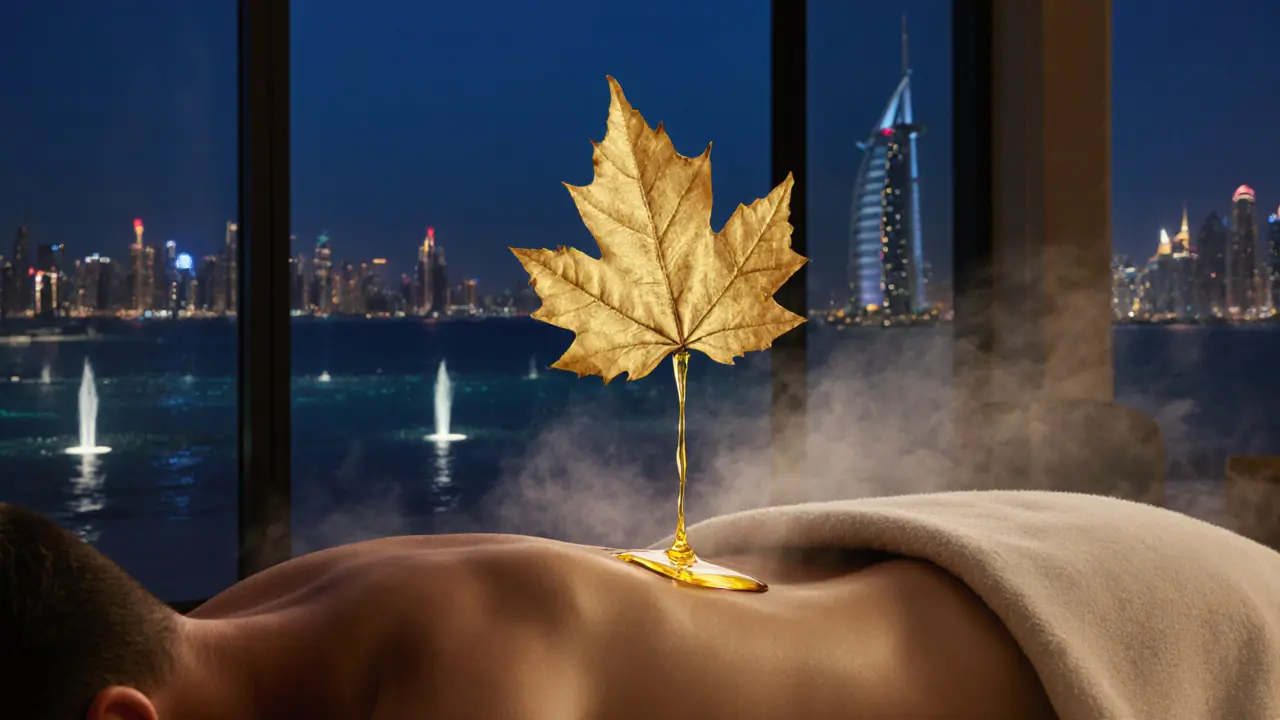 Gold leaf drifting in warm oil during a luxury massage with Dubai skyline visible through windows.