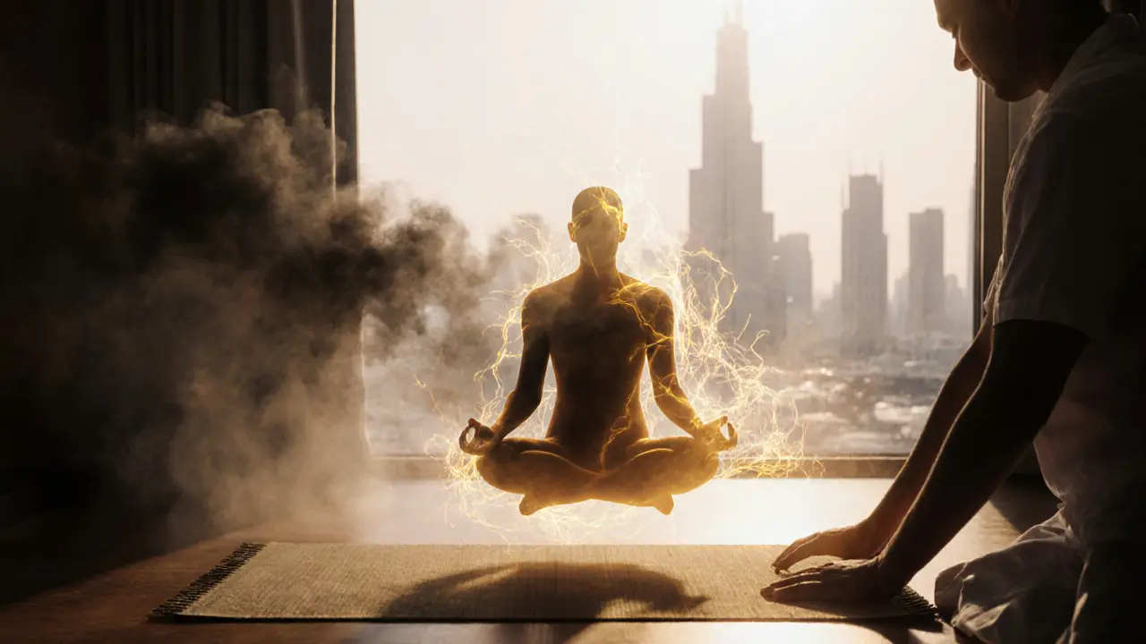 Golden energy lines flowing through a human silhouette during a Thai massage, symbolizing restored balance and calm.