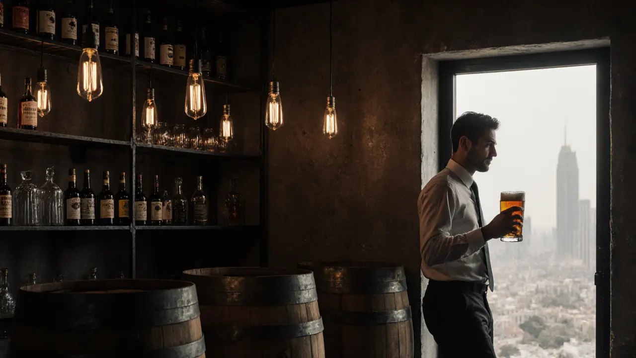 Hidden industrial bar with dim lighting, craft beers, and a lone patron in a quiet setting.
