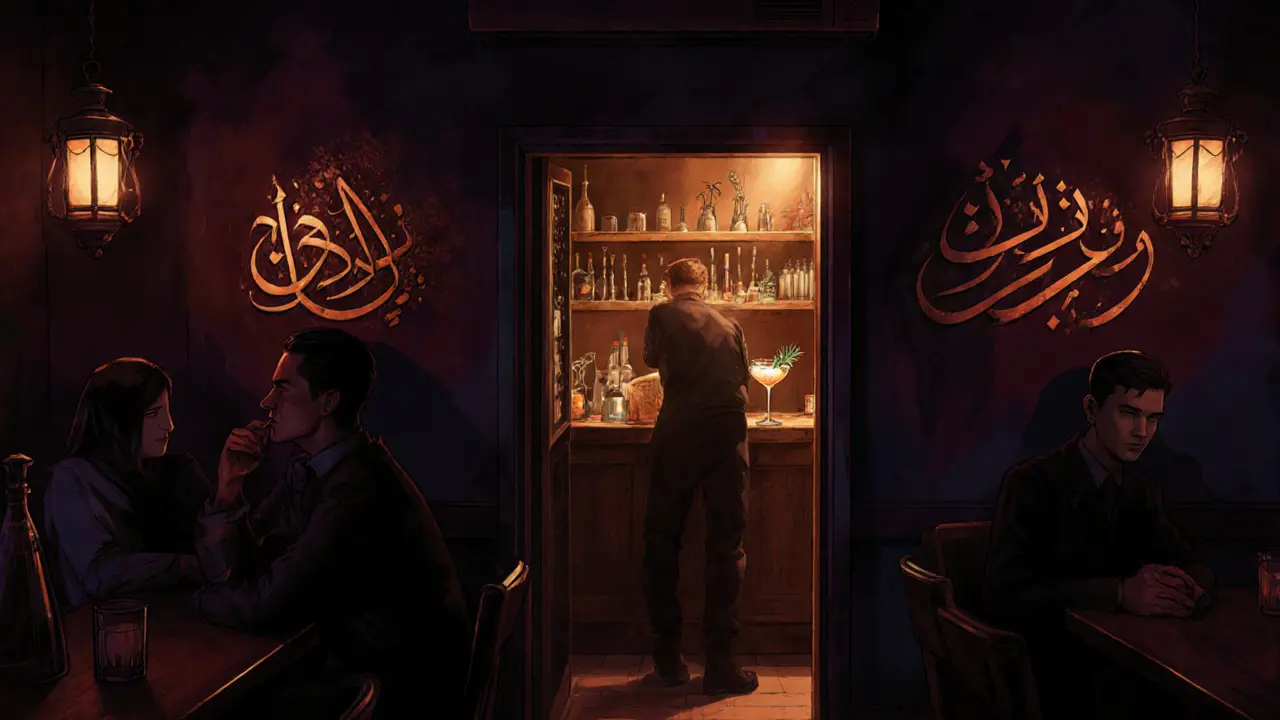 Hidden speakeasy behind a fridge door, warm lighting, bartender mixing cocktails in a narrow alleyway.