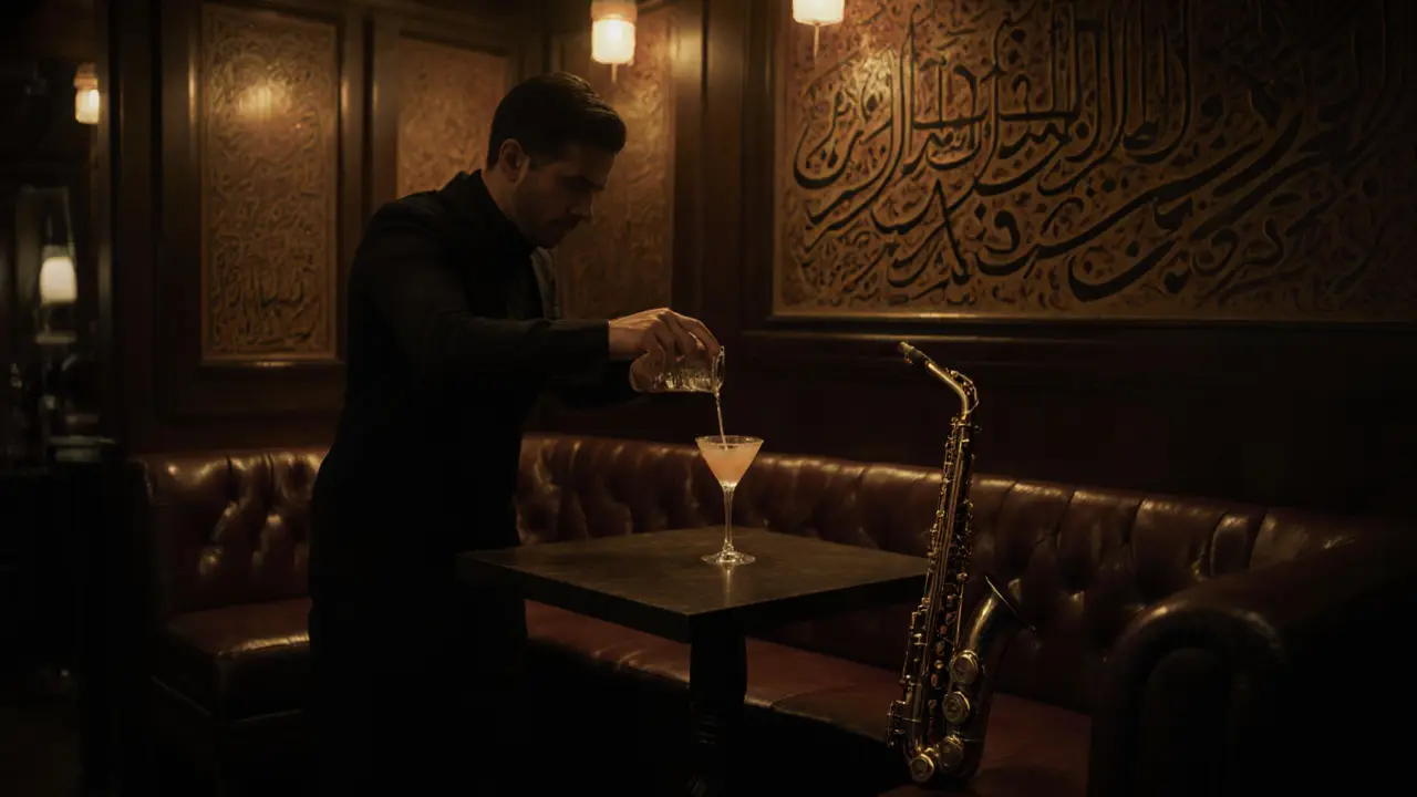 Hidden speakeasy interior with bartender pouring cocktail, warm lighting, and Arabic calligraphy on walls.