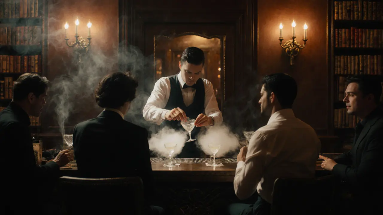 Hidden underground bar in Dubai with misty cocktails and dim amber lighting, patrons in vintage attire.