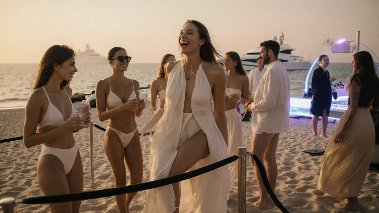 Models socialize on a beach club sand runway at sunrise under neon lights.