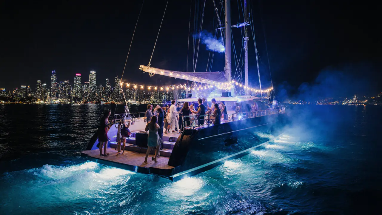 Nighttime yacht party with glowing underwater lights and dancing guests under string lights against the city skyline.