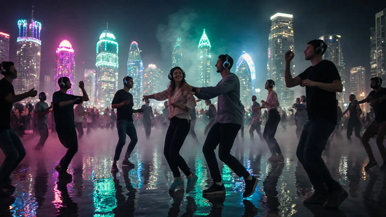 Silent disco on Dubai Marina promenade with people dancing in LED-lit groups at night.