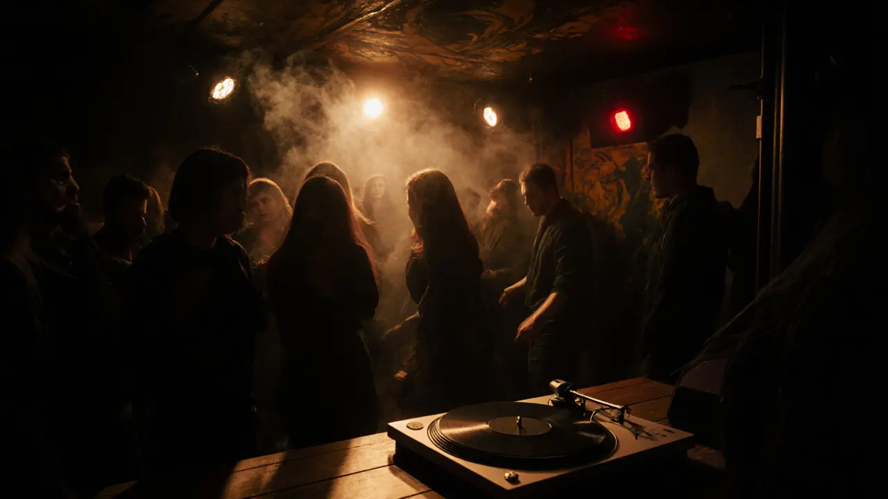 Silhouettes of dancers in a dimly lit underground club with warm amber lighting and smoke swirling around.