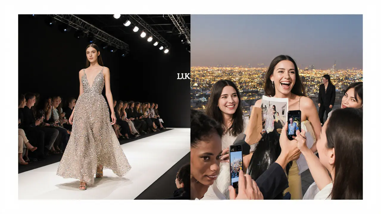 Split image: model on a traditional runway vs. hosting guests at a rooftop fashion gathering in Dubai.