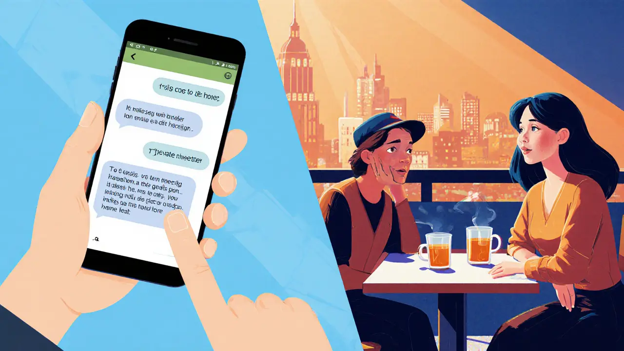 Split image: one side shows a man texting with coded messages, the other shows a woman smiling at a rooftop bar having a genuine conversation.