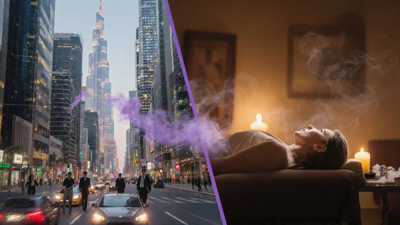 Split scene: busy Dubai city on one side, serene massage sanctuary on the other.