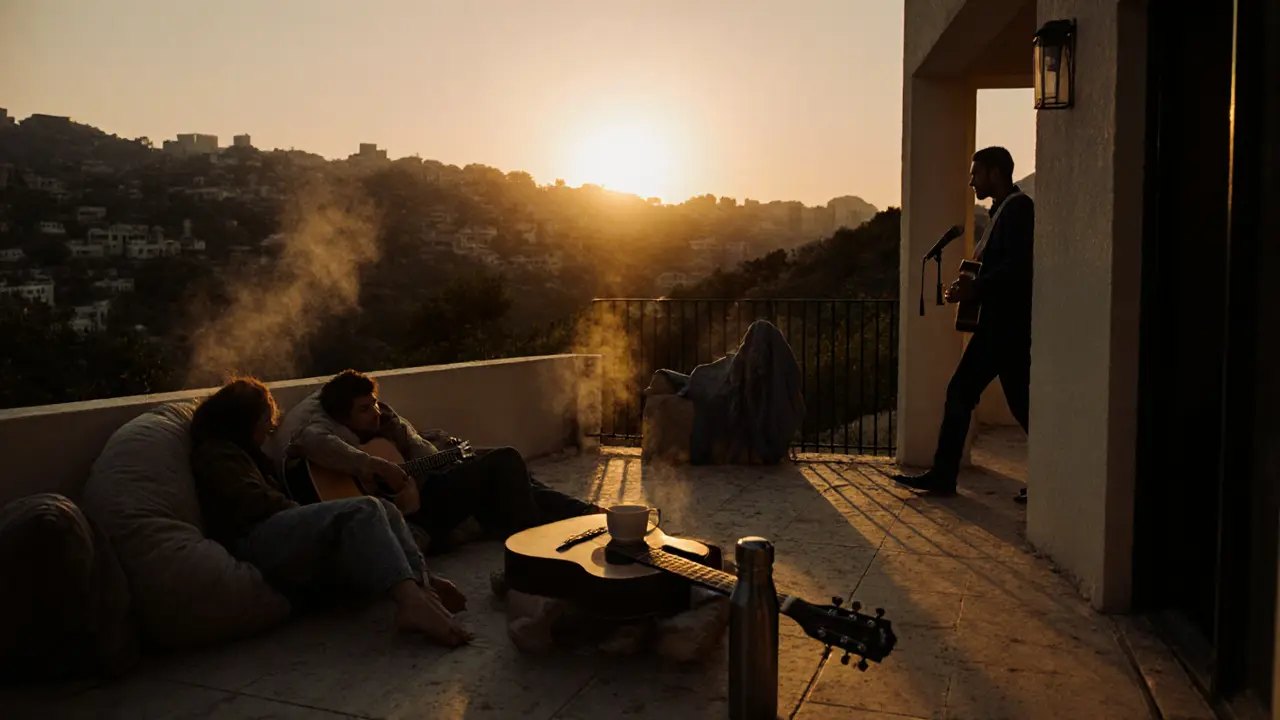 Sunrise at a private villa, exhausted dancers resting quietly after an all-night party.