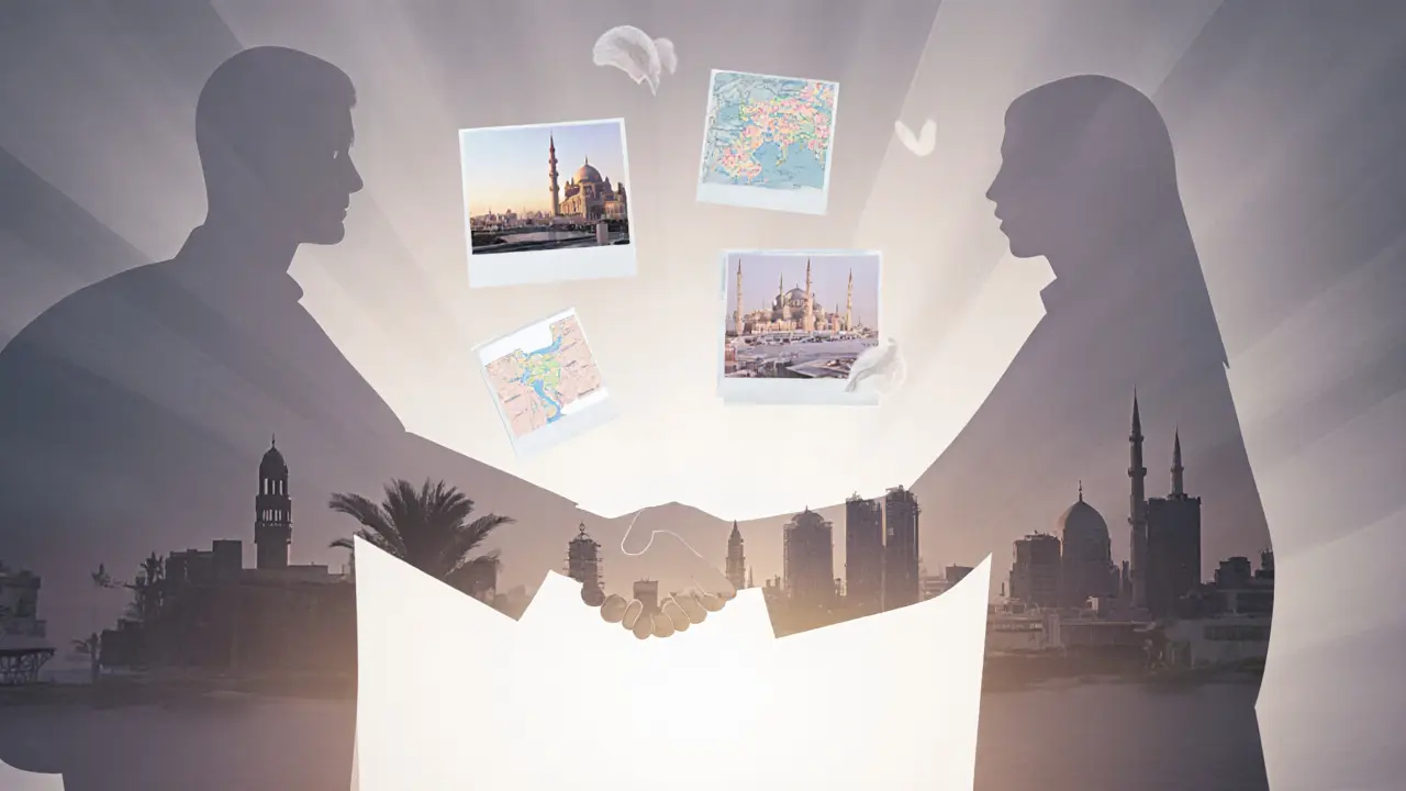 Symbolic handshake surrounded by icons of Dubai&#039;s culture and experiences, representing respectful companionship.