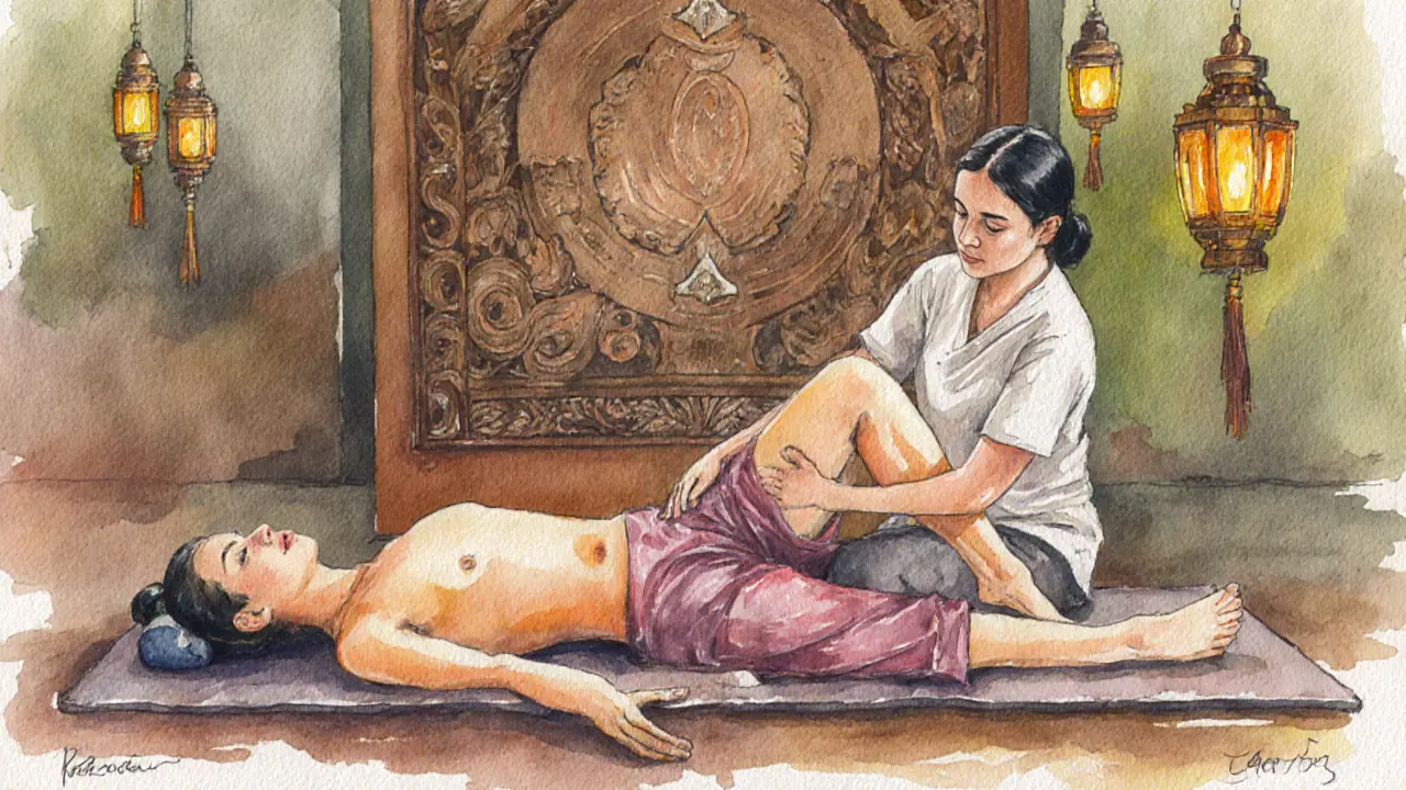 Therapist gently stretching a client&#039;s leg during a traditional Thai massage session with soft lighting and botanical details.