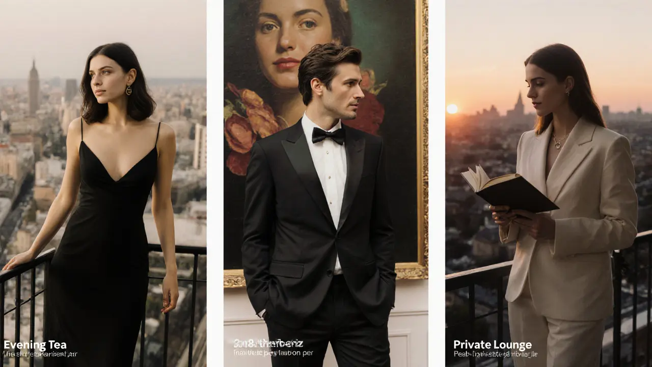 Three elegant women in different upscale settings: rooftop bar, art gallery, and balcony.