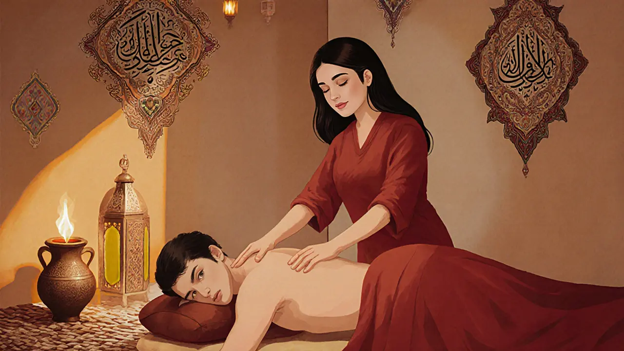 Traditional Arabic oil massage with therapist using rhythmic motions in a culturally rich setting.