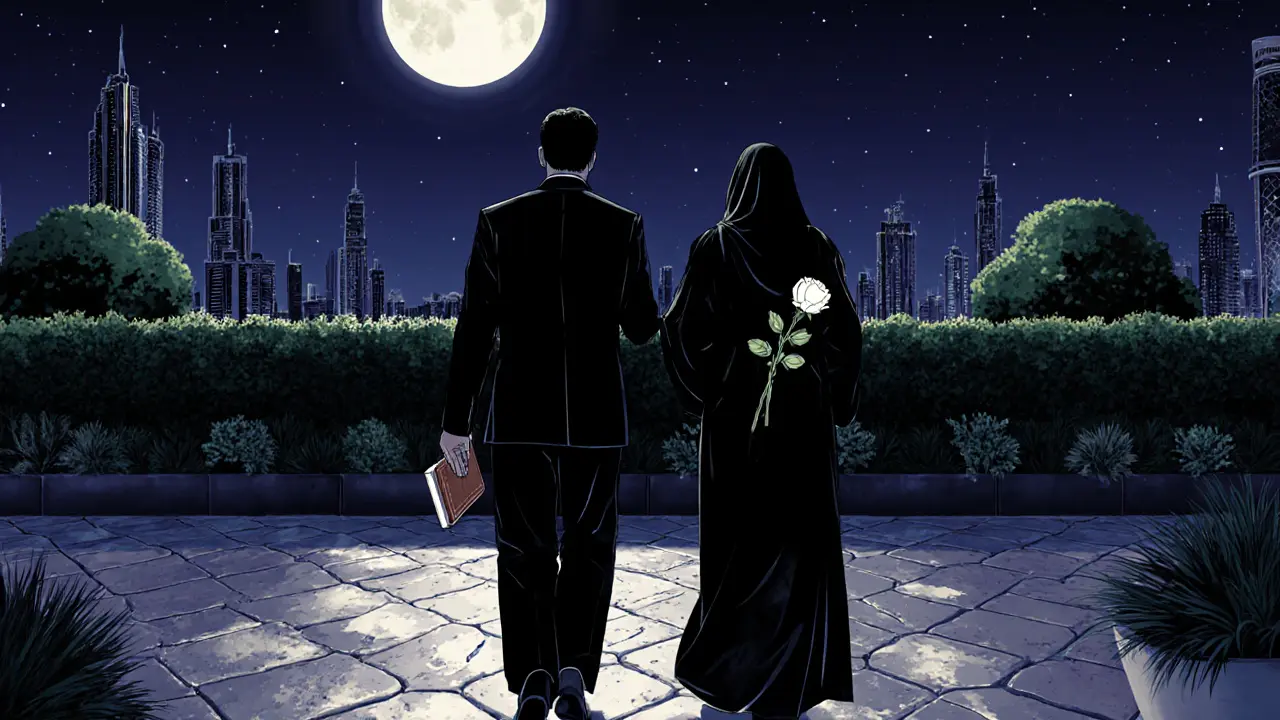 Two figures walking silently under moonlight in a secluded Dubai rooftop garden.