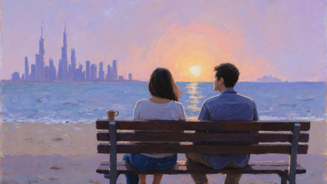 Two people sitting quietly on a Dubai beach at dusk, gazing at the horizon, no physical contact.