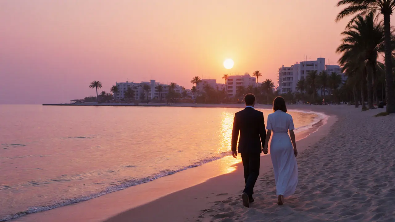 Two people walking quietly along Palm Jumeirah beach at sunset, enjoying the view without intimacy.