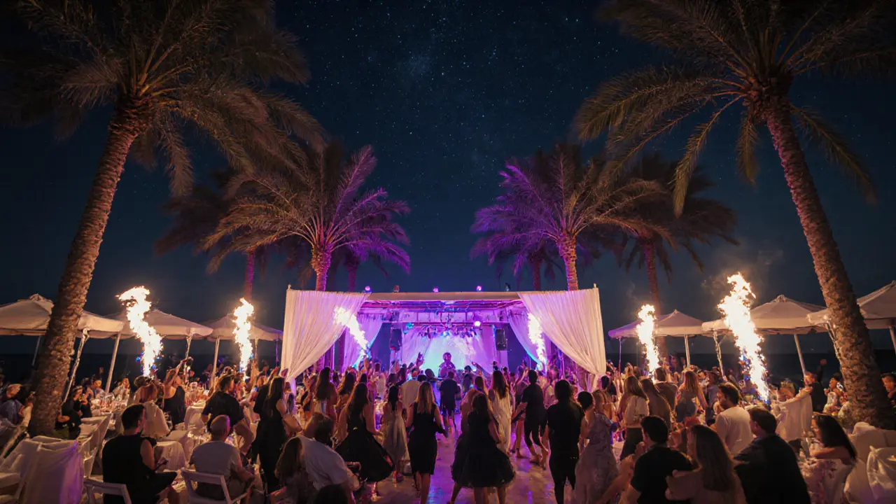 Vibrant beach club at night with dancers, fire performers, and neon lights by the ocean.