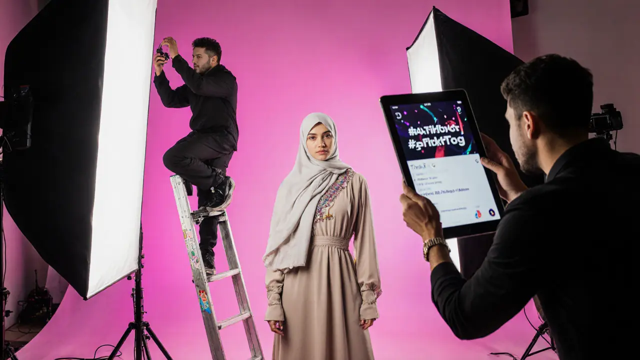 Young Emirati woman in abaya posing for a social media photoshoot with professional gear.