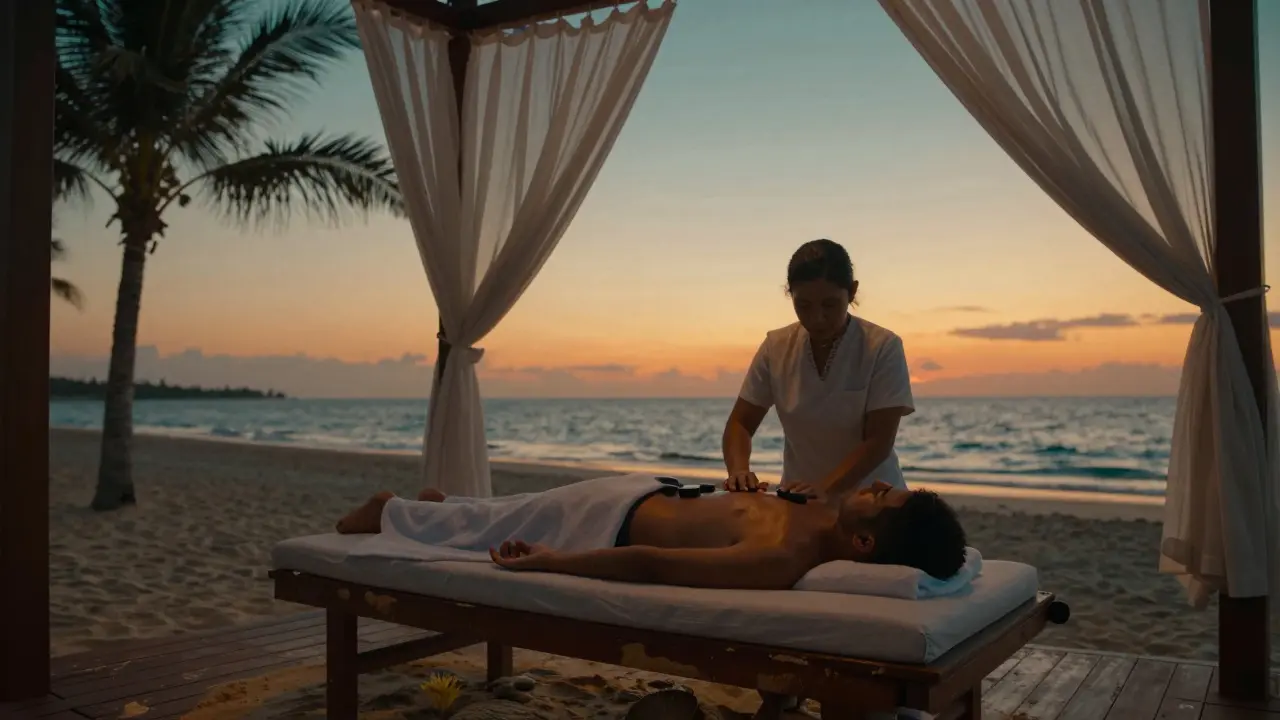 A beachside massage at sunset with ocean views, therapist using hot stones on a relaxed client.