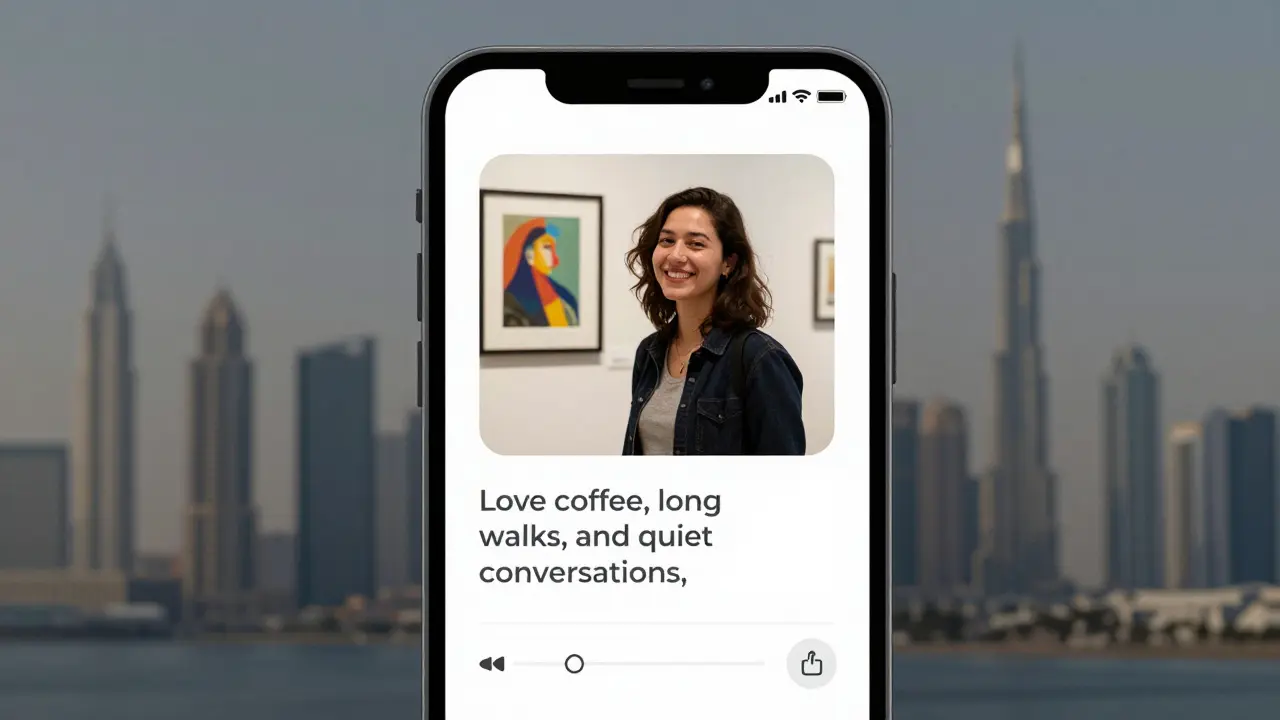 A clean Instagram profile on a phone screen shows a person beside art in a gallery, simple bio, no suggestive content.