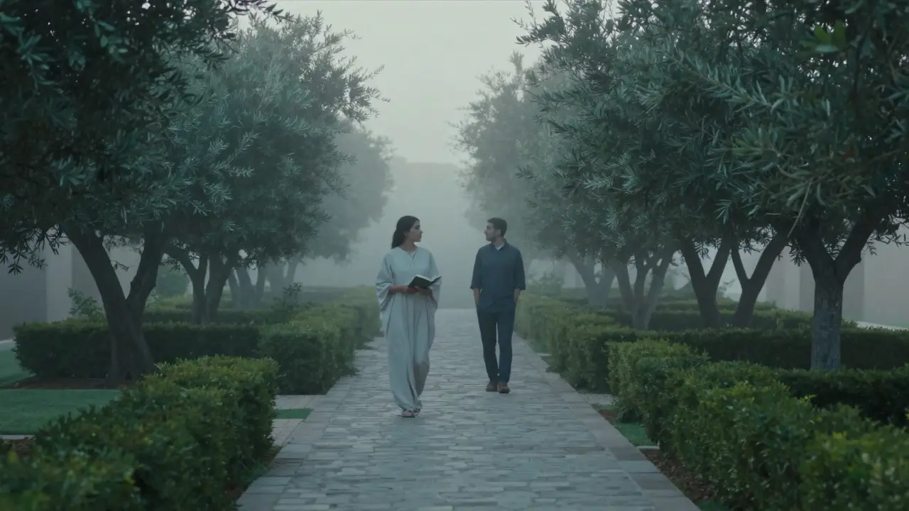 A couple walking silently through a misty Al Ain garden at dawn, distant skyline, no touch, only presence.