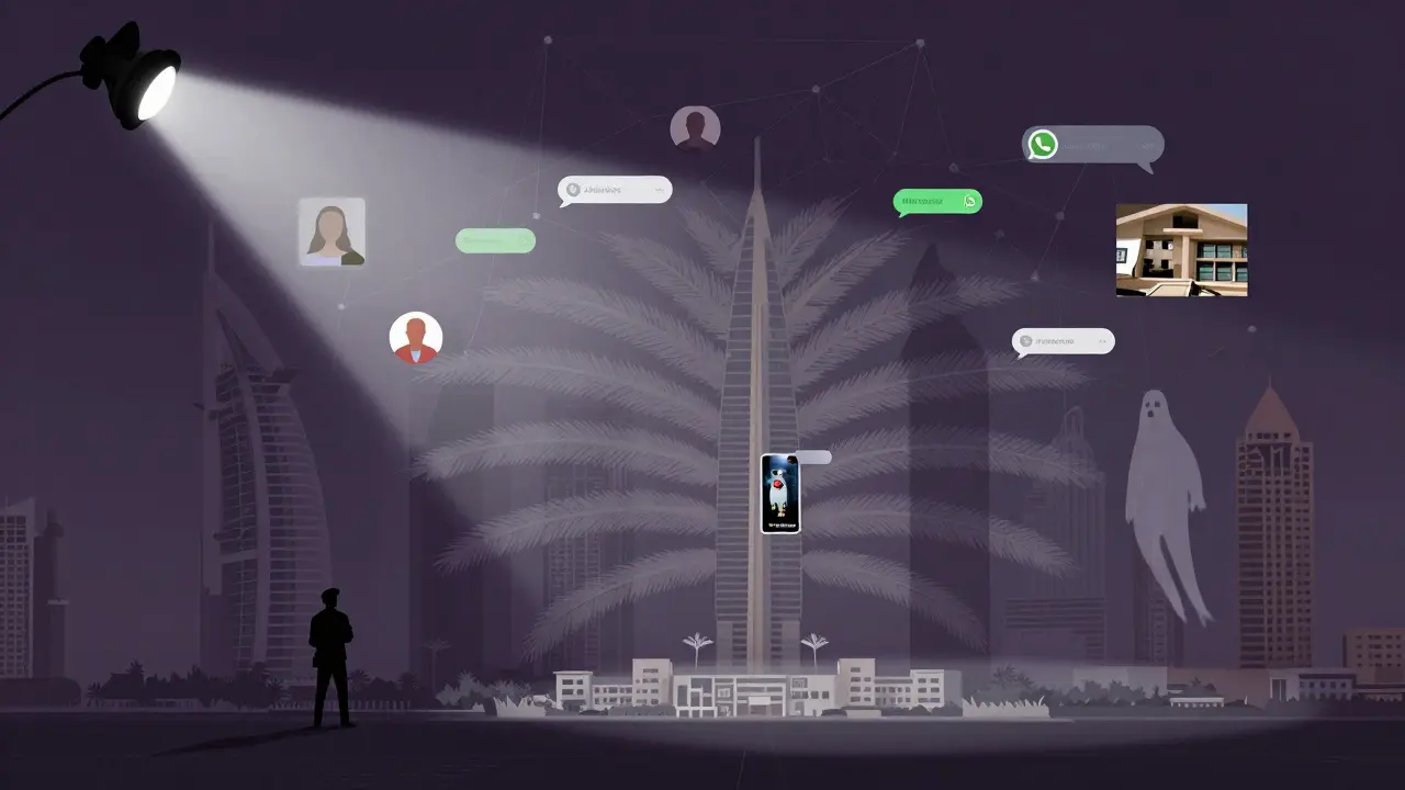 A digital web of fake profiles and edited images hovers over Dubai's Palm Jumeirah under a police spotlight.